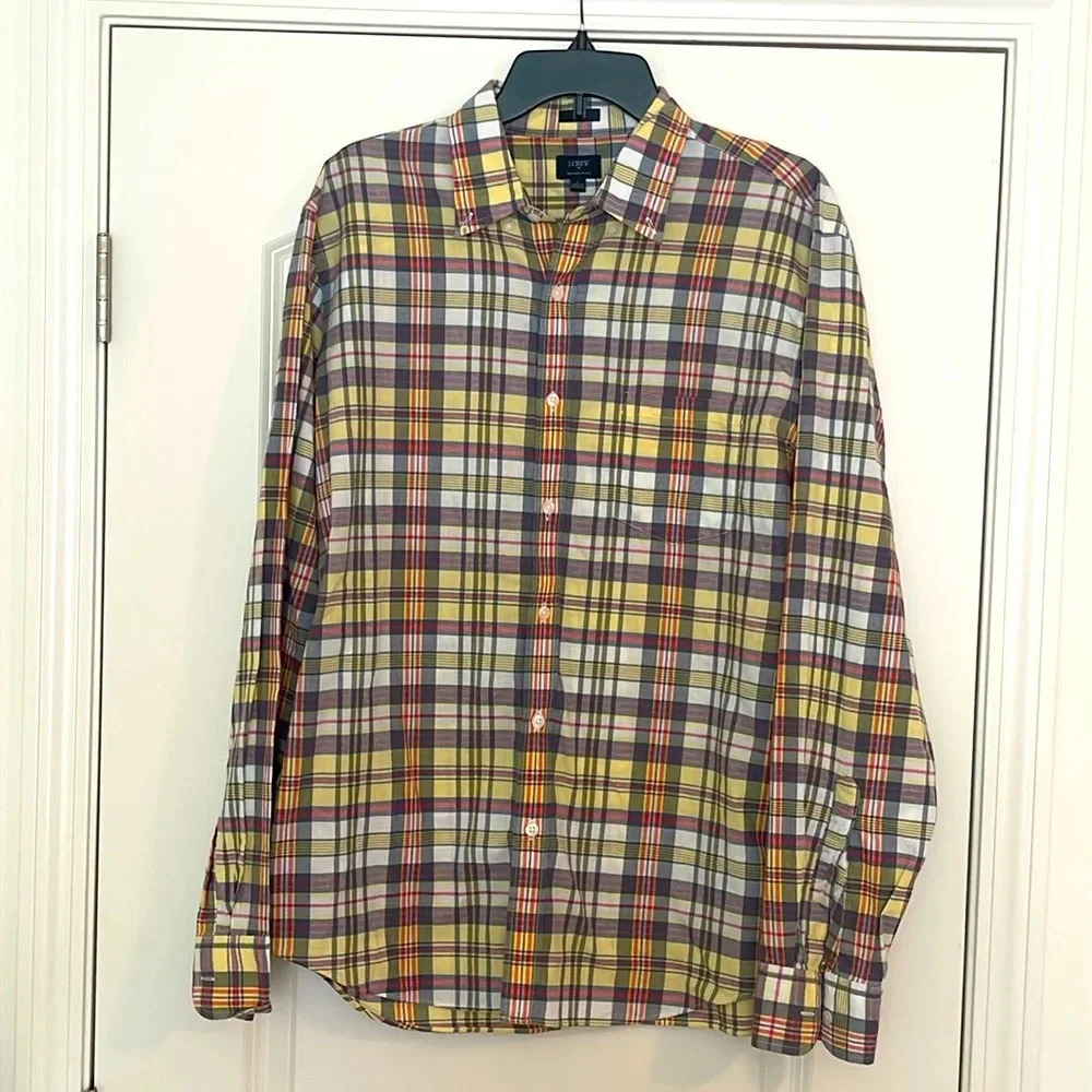 J Crew Button Down Slim Large Summer Plaid 100% Cotton Shirt